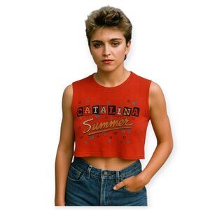 Vintage 80s Catalina Summer Graphic Crop Tank Top Red Made USA Small Retro Tee